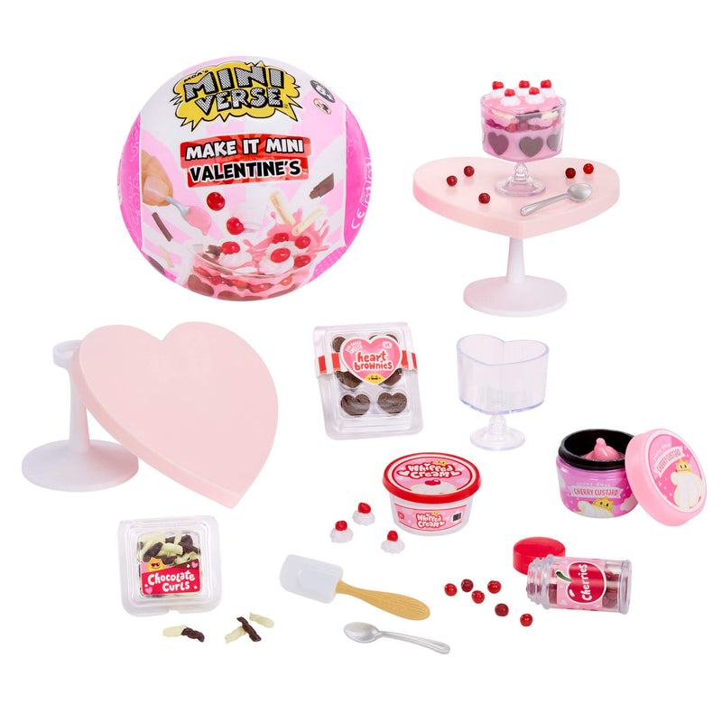 Valentine's Day themed miniatures including a heart-shaped cake stand, and various small items on a white background.