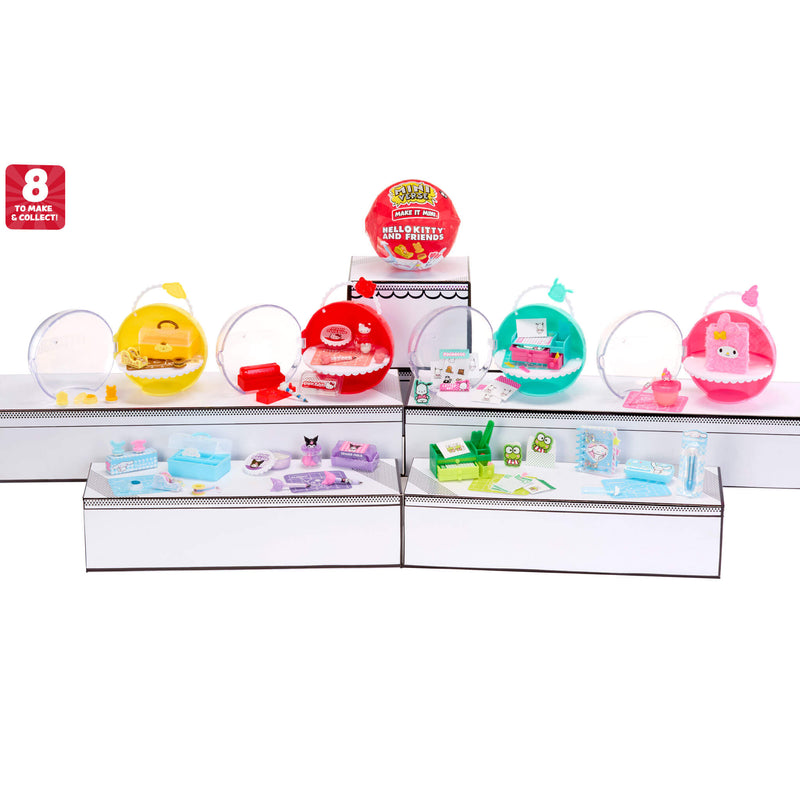 Display of eight colorful toys in clear plastic cases on a white background