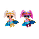 Tot superhero before and after dolls with superhero outfits on a white background
