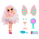 Toy doll with accessories including wings, mirror, and hairbrush on a white background