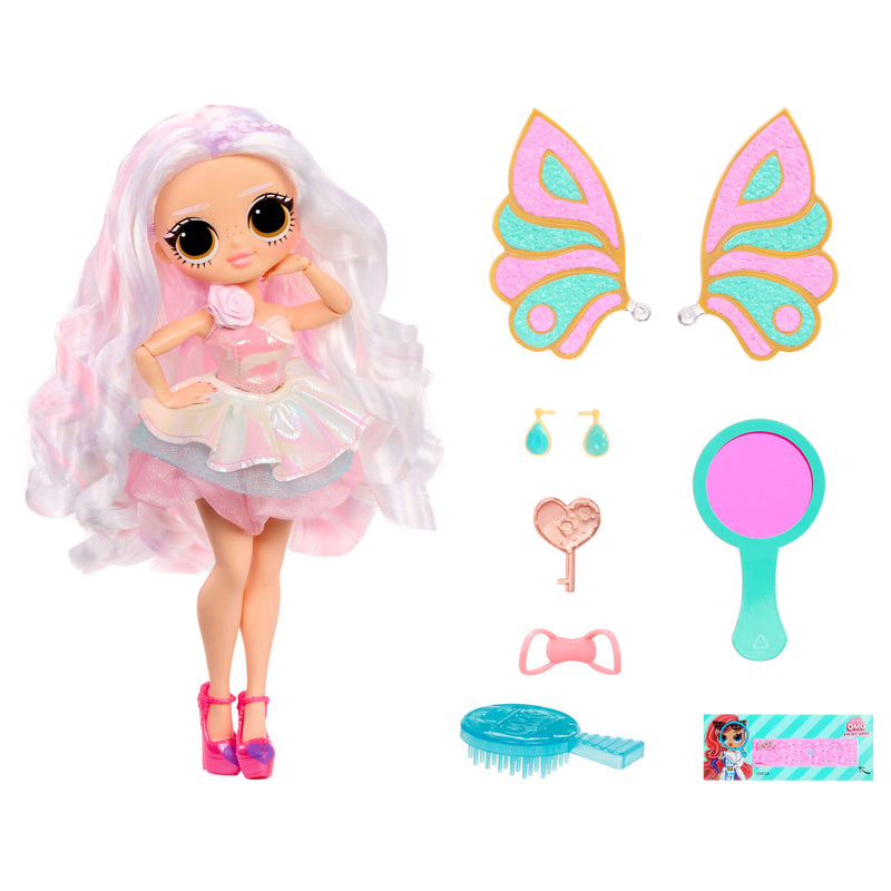 Toy doll with accessories including wings, mirror, and hairbrush on a white background