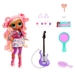 Toy doll with accessories including a guitar, mirror, and hairbrush on a white background