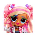 Colorful doll with pink and blonde hair, large eyes, and a vibrant outfit on a white background