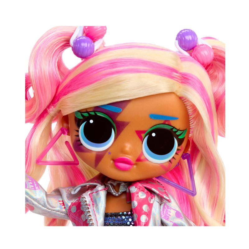 Colorful doll with pink and blonde hair, large eyes, and a vibrant outfit on a white background