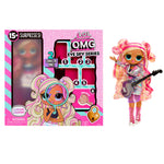LOL Surprise doll with pink hair and guitar next to its packaging on a white background