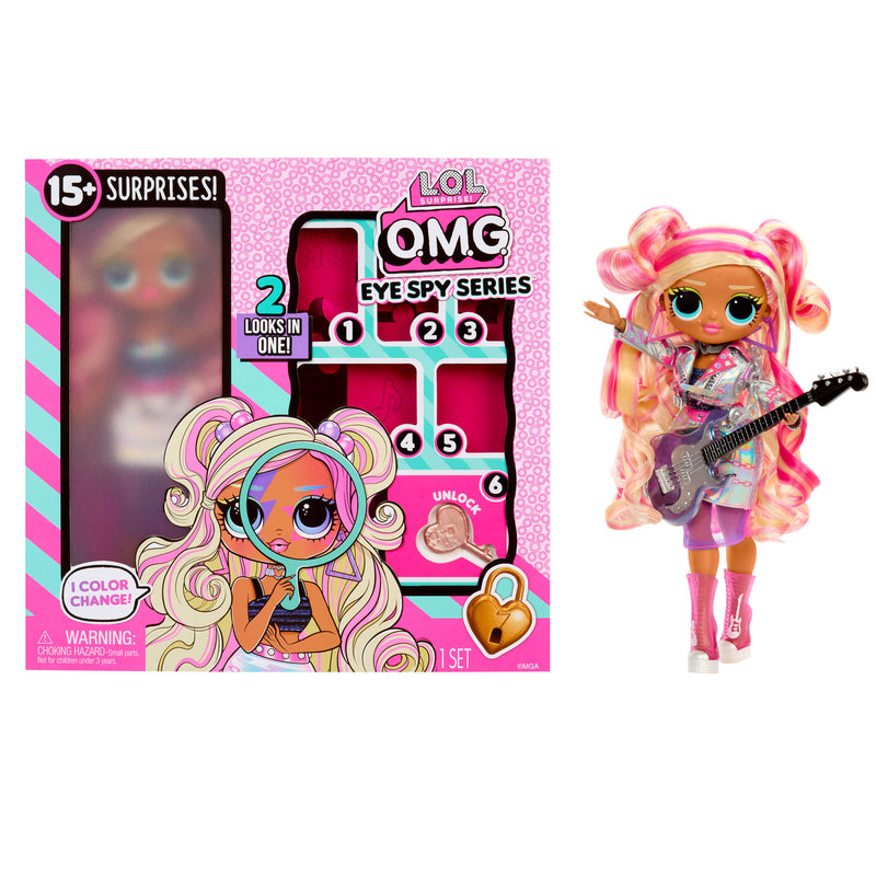 LOL Surprise doll with pink hair and guitar next to its packaging on a white background