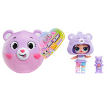 Purple bear-shaped plush toy with a doll wearing a purple bear head, accompanied by a colorful 'LOL' toy card on a white background.