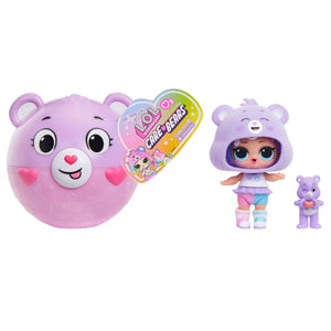 Purple bear-shaped plush toy with a doll wearing a purple bear head, accompanied by a colorful 'LOL' toy card on a white background.