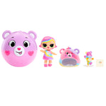 Set of colorful toys including a pink bear-shaped ball, a small doll, and two bear-shaped figures on a white background.