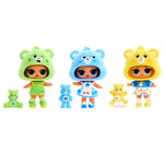 Three dolls with bear-themed outfits on a white background