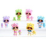 Six colorful tots with animal-themed outfits on a white background