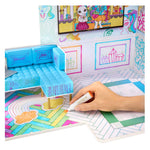 Coloring the floor with a mini couch and hand holding a marker
