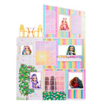 Colorful dollhouse with multiple windows and dolls on a white background