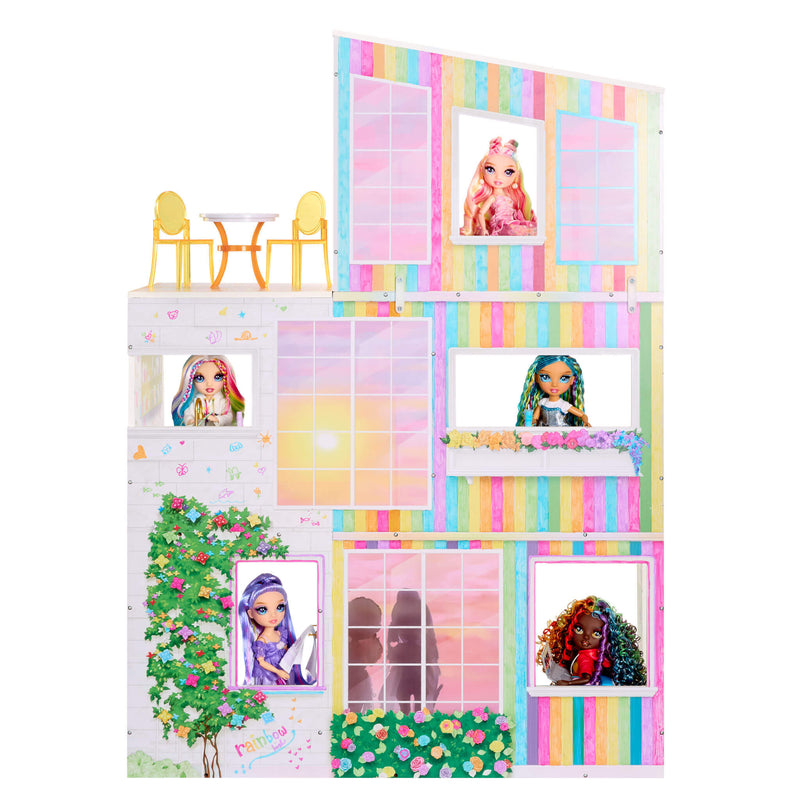 Colorful dollhouse with multiple windows and dolls on a white background