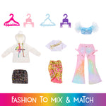 Set of colorful fashion items including a hoodie, skirt, and pants with hangers on a white background.