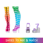 Colorful knee-high socks with text and high-heeled shoes on a white background