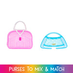 Two plastic purses, one pink and one blue, on a white background with 'Purses to Mix & Match' text at the bottom.