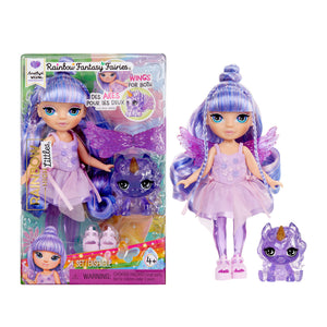 Littles Rainbow Fantasy Fairies Amethyst in and out of packaging