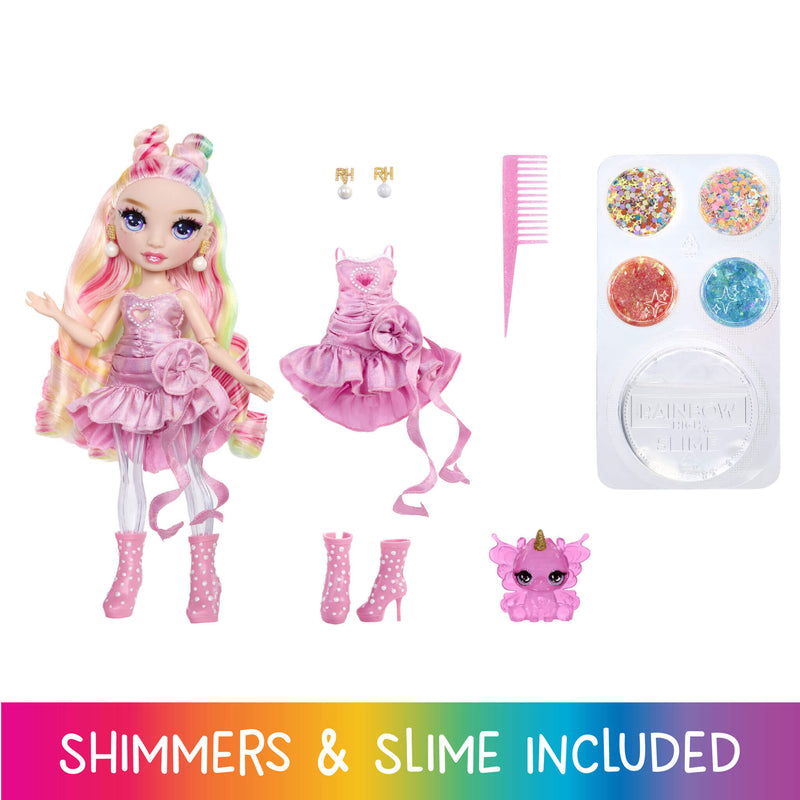 Toy doll Bella with pink dress, accessories, and shimmers & slime on a white background