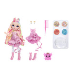 Toy doll set with pink dress, accessories, and a small unicorn figure on a white background