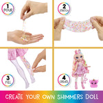 Step-by-step process of creating a shimmers doll with colorful materials, shown in four quadrants.
