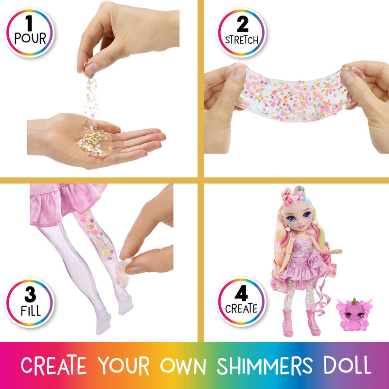 Step-by-step process of creating a shimmers doll with colorful materials, shown in four quadrants.