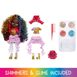 Toy doll with accessories including a shirt, skirt, headband, and shimmers & slime on a white background.