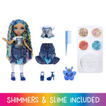 Toy doll with accessories including a pet, slime, and tools on a white background