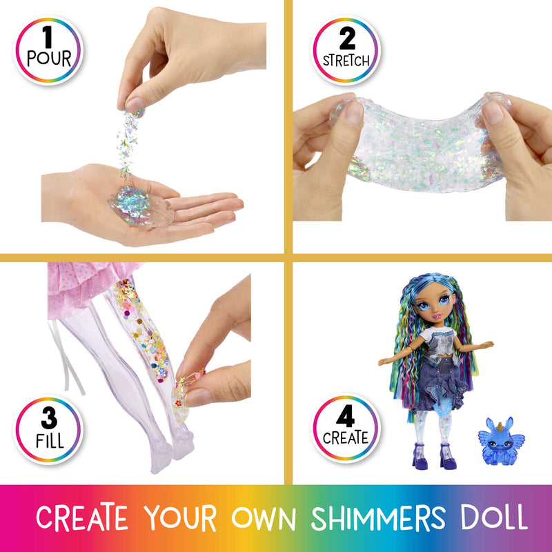 Step-by-step process of creating a shimmers doll with colorful hair and accessories.