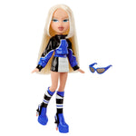 Doll with blonde hair wearing a blue and black outfit with sunglasses 