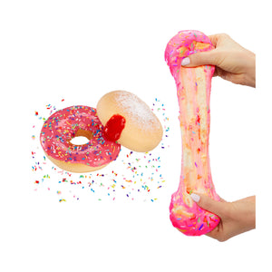 Pink Icing Round and Jelly Filled Donuts  whole and being stretched