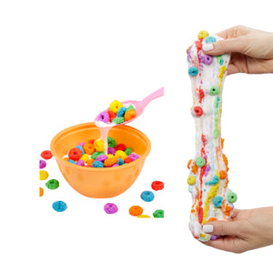 Bowl of Fruity cereal and cereal being stretched 