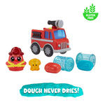 fire truck set with characters and containers featuring 'Dough Never Dries!' text.