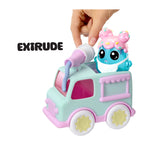 Toy car with a character on top, 'Extrude' text.