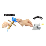 Illustration of a hand using the mast to extrude blue dough, and a cannon to use to shot out dough