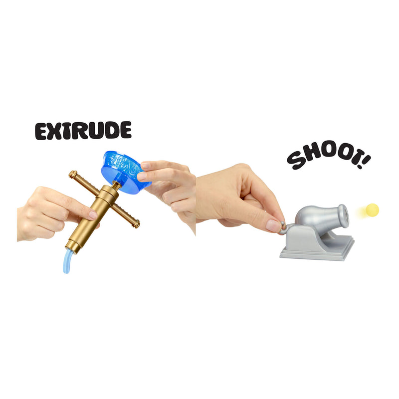 Illustration of a hand using the mast to extrude blue dough, and a cannon to use to shot out dough