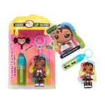 Sasha Sourworms lip gloss set with character keychain and packaging on a white background