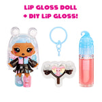 Lip gloss doll with DIY lip gloss kit on a white background