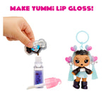 Make Yummi Lip Gloss toy set with doll and accessories on a white background