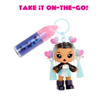 Keychain with a character and cosmetic item on a white background with text 'Take it on-the-go!'.