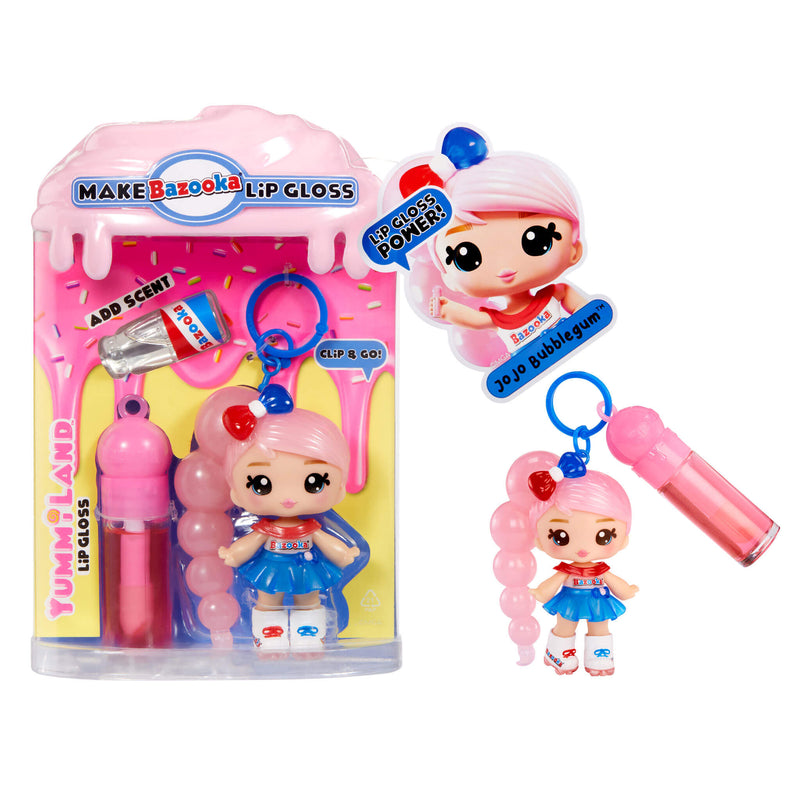 Make Bazooka lip gloss set with character keychain and packaging on a white background