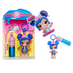 Toy figure with blue hair and pink accessories in packaging, including a lip gloss and keychain.