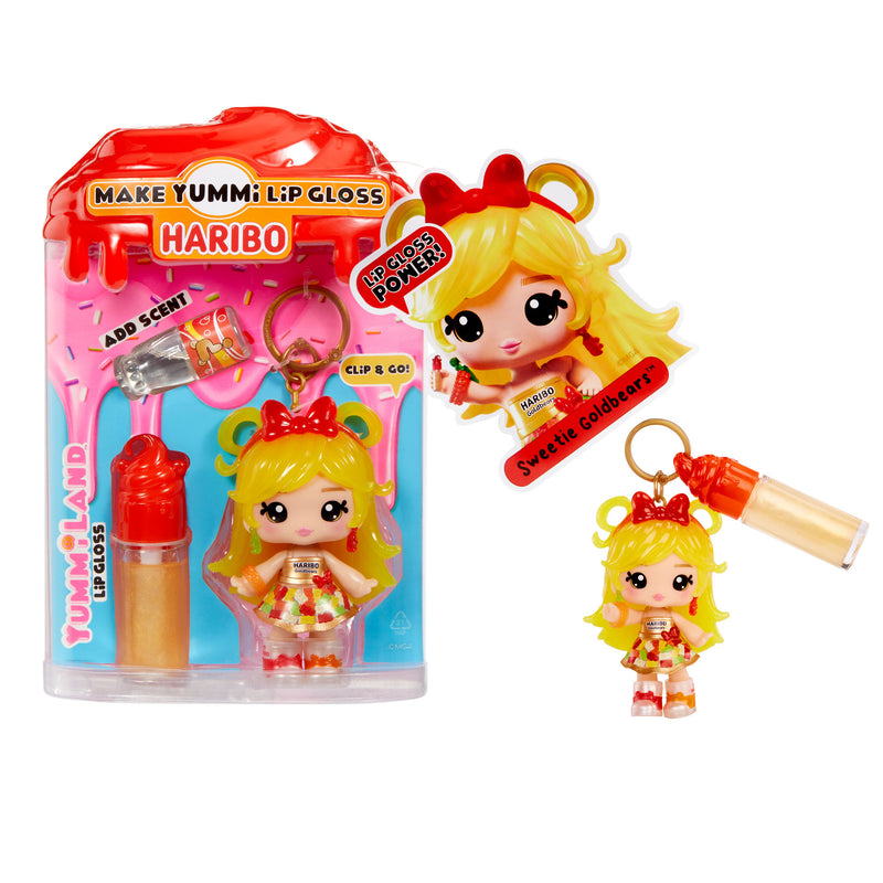 Haribo Yummy Lip Gloss keychain with packaging on a white background