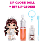 Lip gloss doll and DIY lip gloss kit with a bottle, keychain, and spoon on a white background.