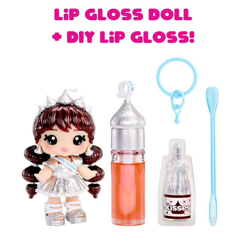 Lip gloss doll and DIY lip gloss kit with a bottle, keychain, and spoon on a white background.