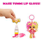 Make Yummi Lip Gloss toy set with doll and lip gloss components on a white background