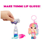 Make Yummi Lip Gloss toy set with a hand holding a small container, a bottle, and a keychain figure on a white background.