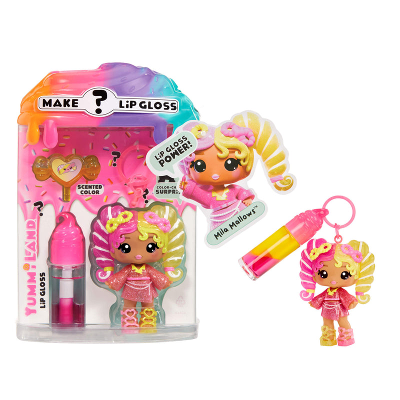 Lip gloss set with character figure and packaging on a white background