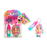 Lip gloss set with a toy figure and packaging on a white background