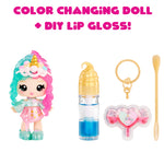 Color changing doll with DIY lip gloss set on a white background